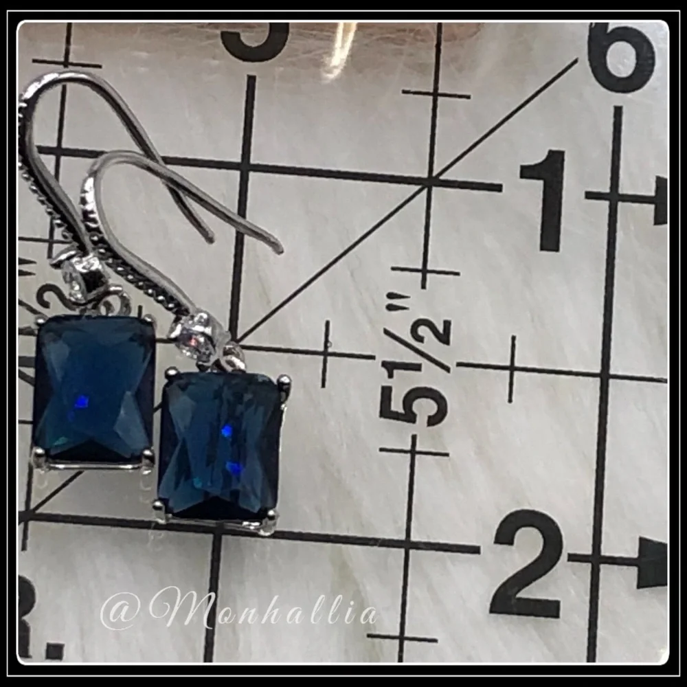 925 SILVER SIMULATED DIAMOND & BLUE SAPPHIRE EMERALD CUT SQUARE DROP EARRINGS
